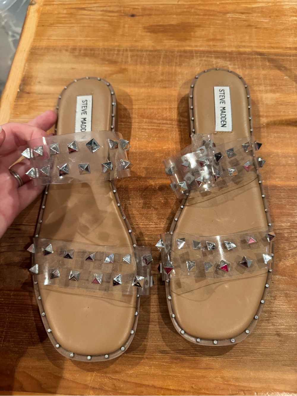 Steve Madden Clear Studded Slide Sandals with Tan Footbed